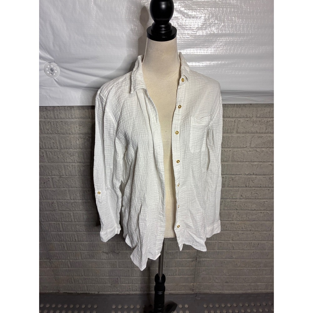 Anne Klein Jeans Women White Cotton Gauze Roll Tab Button Down Shirt Size M